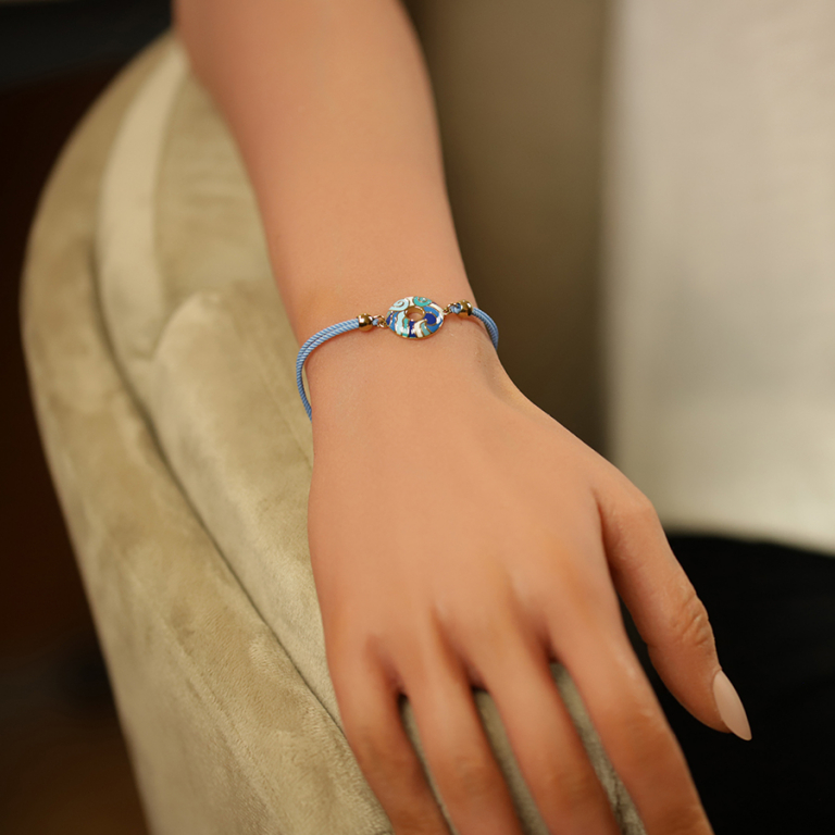 Bracelet Stella Mia en acier doré jaune avec anneau résine cordon bleu ciel - 16+3cm - Vue 20
