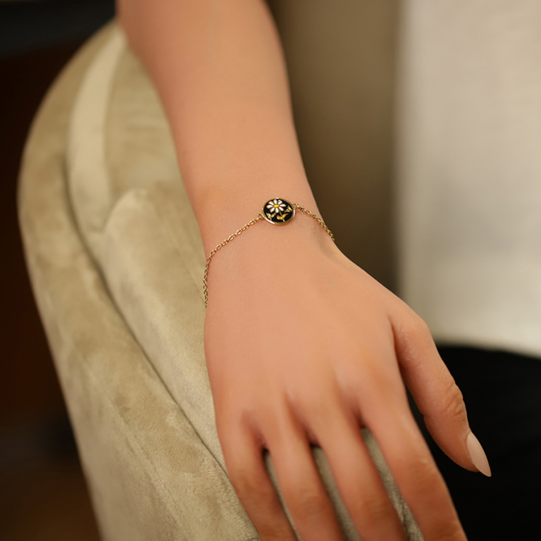 Bracelet Stella Mia en acier doré jaune motif rond résine noire avec fleurs - 16+3cm - Vue 20