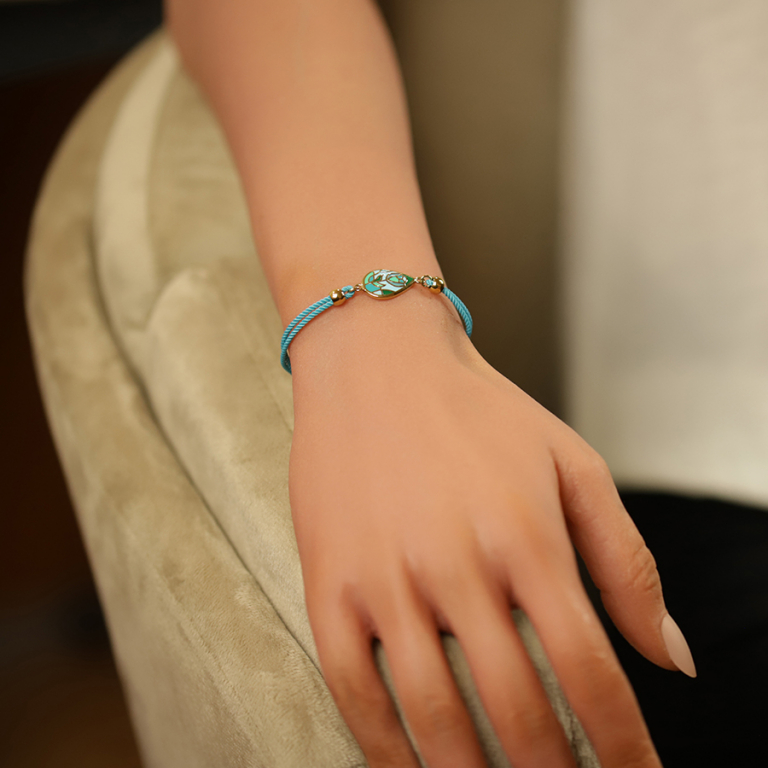 Bracelet Stella Mia enacier doré jaune goutte résine bleu vert cordon coton turquoise - 16+3cm - Vue 20