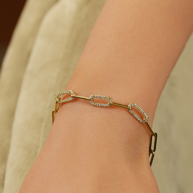 Bracelet en acier dor� maille rectangulaire avec oxydes blancs - 16+5cm - Vue 20