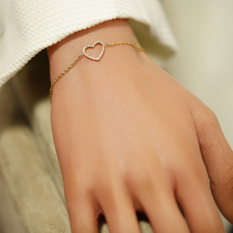 Bracelet en acier doré avec coeur contour d\'oxydes blancs - 16+3cm - Vue 20
