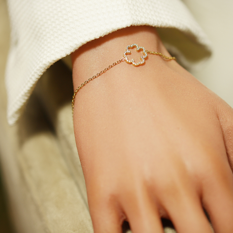 Bracelet en acier doré fleur avec contour oxydes blancs - 16+3cm - Vue 20