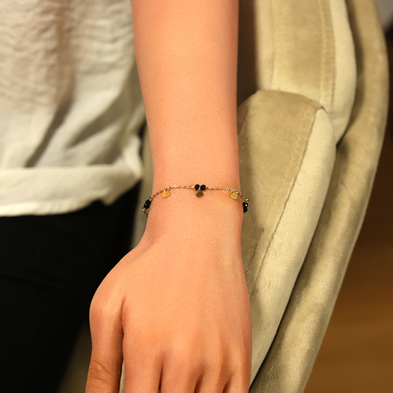 Bracelet en acier doré avec coeurs lisses et oxydes noirs facetés - 16+3cm - Vue 20
