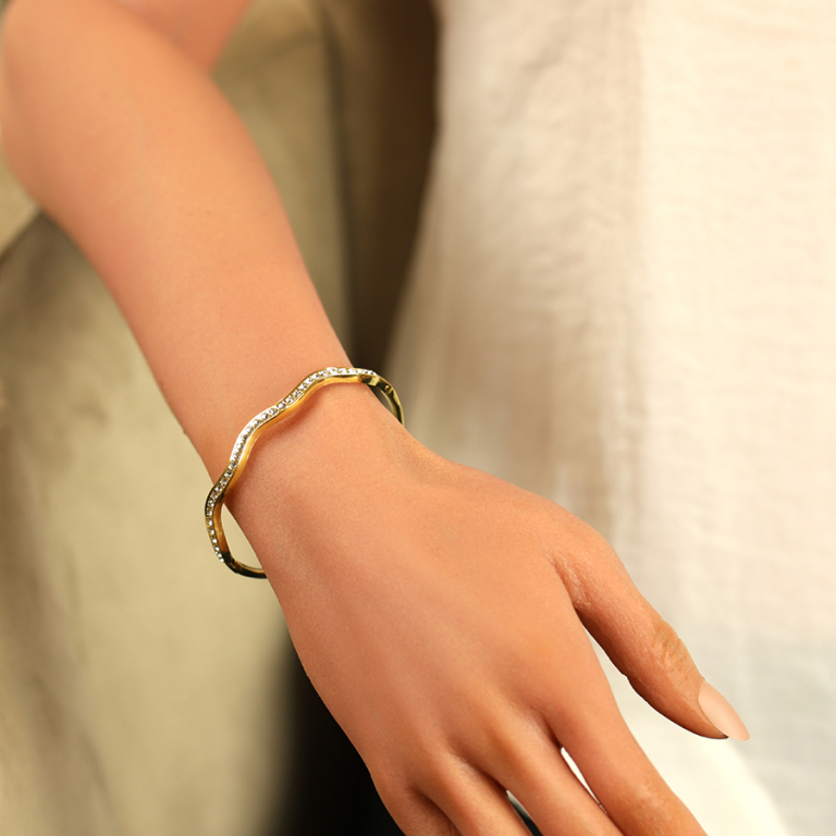 Bracelet jonc articul en acier dor avec oxydes blancs - Vue 20