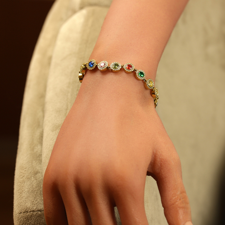 Bracelet en acier dor� d\'�l�ments ronds avec oxydes multicouleur entour�s d\' oxydes blancs -  15+5cm - Vue 20