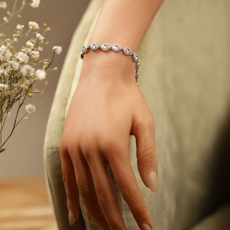 Bracelet en acier 15 �l�ments ronds d\'oxydes blancs sertis contour oxydes blancs sertis - 16+3cm - Vue 20