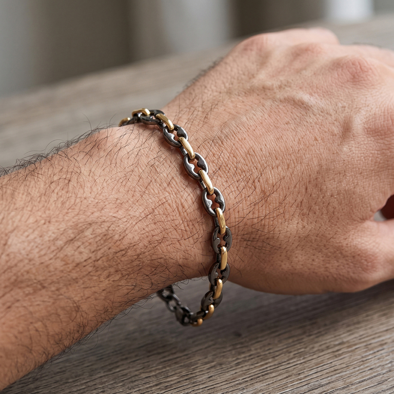 Bracelet en acier PVD maille noire et dor�e - 19+3cm - Vue 20