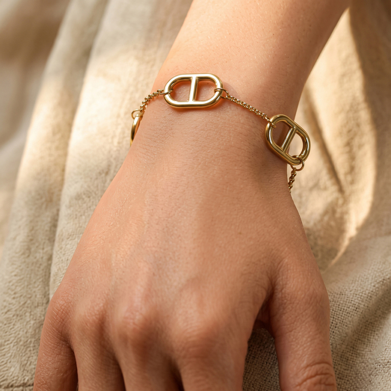 Bracelet chaine en acier dor� avec maillon oval central - 17+2cm - Vue 20
