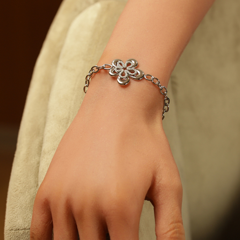 Bracelet en acier fleur avec oxydes blancs - 17+3cm - Vue 20