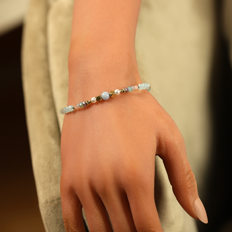 Bracelet en acier dor� avec boules 4mm verre facet� perle imitation et s�l�nite -16.5+3cm - Vue 20