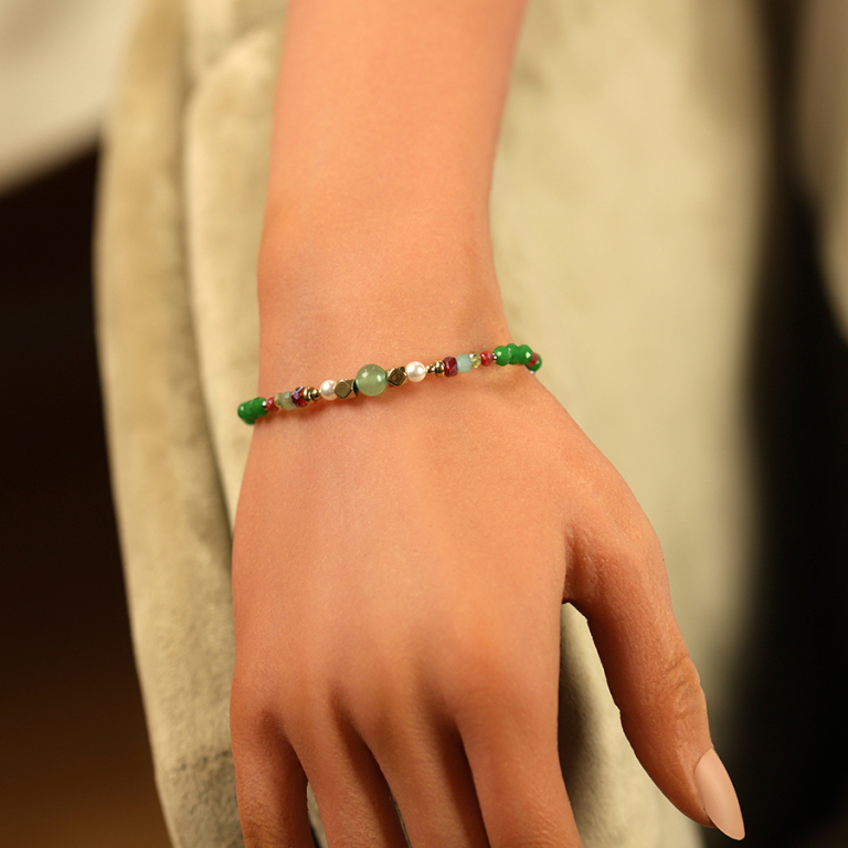 Bracelet en acier dor� avec boules 4mm verre facet� perles imitation et aventurine 6mm v�ritable -16.5+3cm - Vue 20