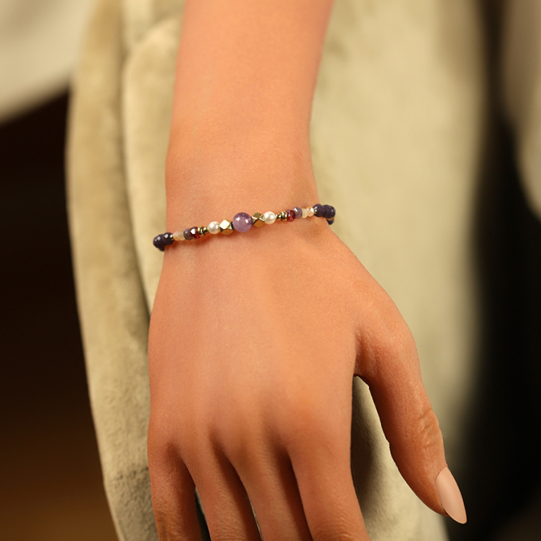 Bracelet en acier dor avec boules 4mm verre facet perles imitation et amthyste 6mm vritable - 16.5+3cmen - Vue 20