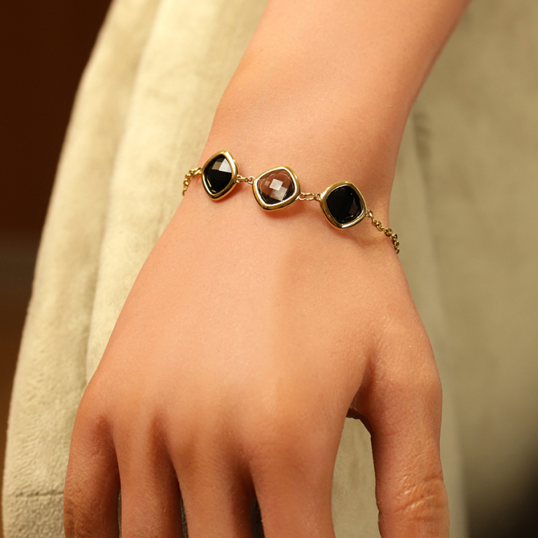 Bracelet aen cier dor� avec oxydes carr�s noirs et gris - 17+2cm - Vue 20