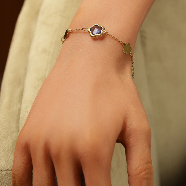 Bracelet en acier dor� avec pastilles de fleurs dor�es et oxydes forme fleur bleus - 16+3cm - Vue 20