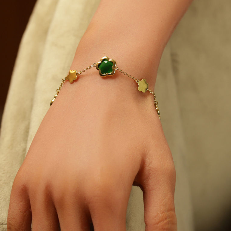 Bracelet en acier dor� pastilles fleur dor�es et oxydes forme fleur vert clair - 16+3cm - Vue 20