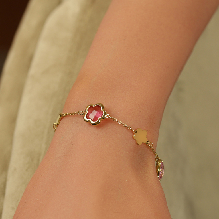 Bracelet en acier dor� pastilles fleur dor�es et oxydes forme fleur rose clair - 16+3cm - Vue 20