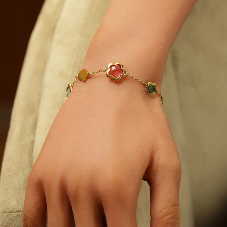 Bracelet en acier dor� pastilles fleur dor�es et oxydes forme fleur multi couleur -16+3cm - Vue 20