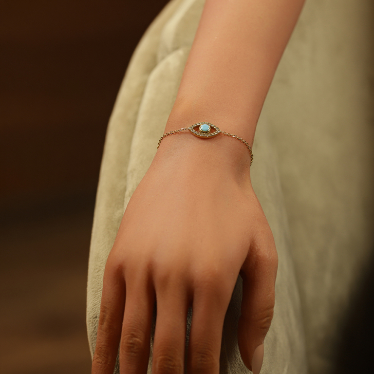 Bracelet oeil de protection grec turquoise imitation en acier dor� et oxydes blancs sertis - 16+5cm - Vue 20