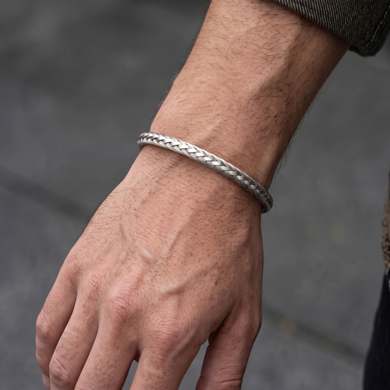 Bracelet en acier satin� demi jonc tresse _  4.2mm diam�tre 61mmx55mm - Vue 20