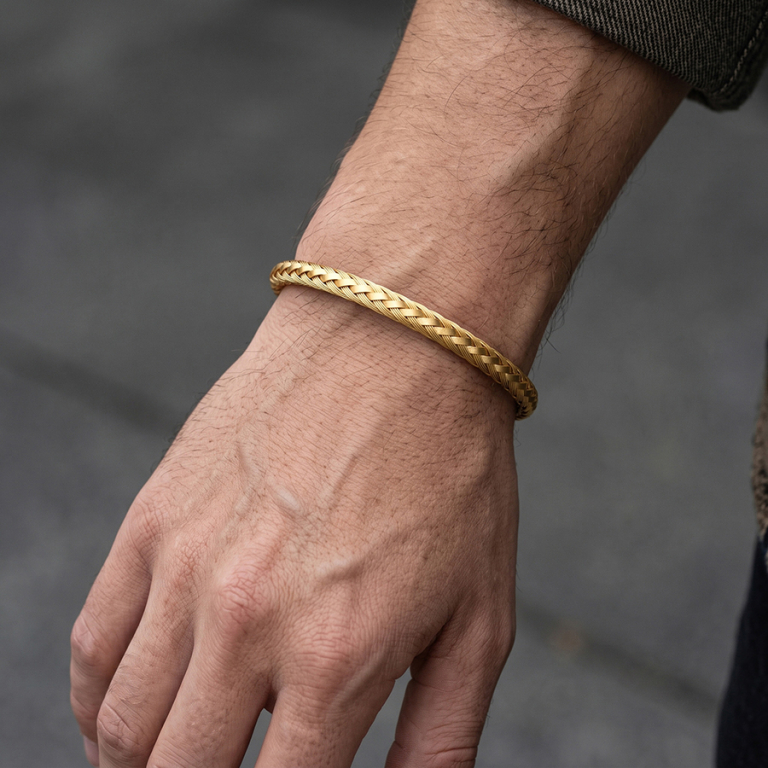 Bracelet en acier dor� demi jonc tresse - 4.2mm diam�tre 61mmx55mm - Vue 20
