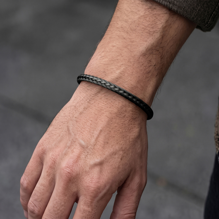 Bracelet en acier et PVD noir satin� demi jonc tresse - 4.2mm diam�tre 61mmx55mm - Vue 20