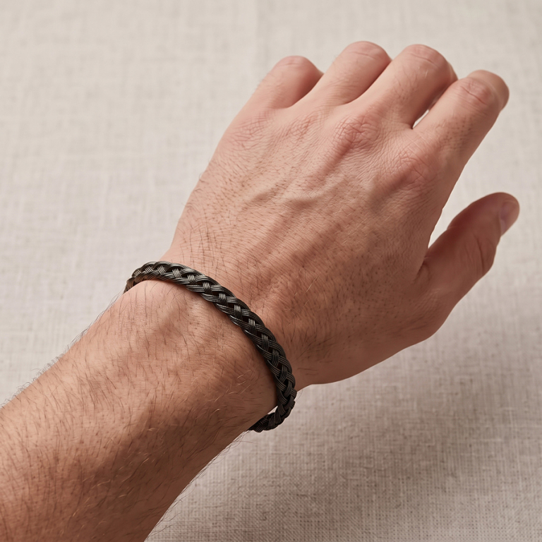 Bracelet en acier et PVD noir satin� tresse plate 7mm - oval 62X55mm - Vue 20