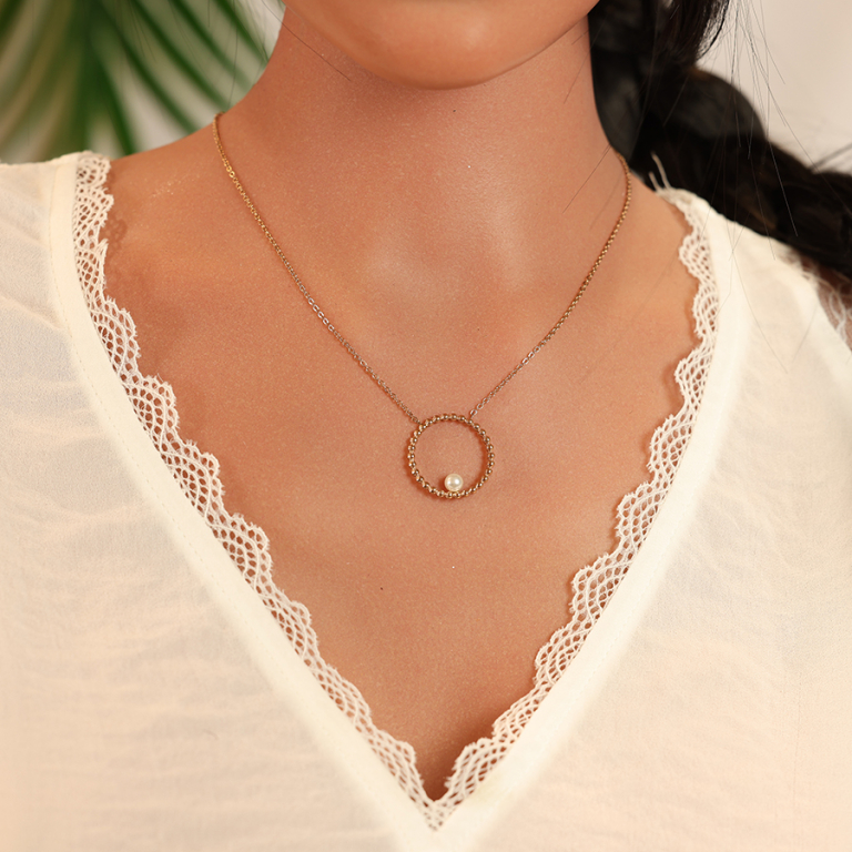 Collier en acier et PVD rose pendentif rond boule avec perle de synthse blanche 45+5cm - Vue 20