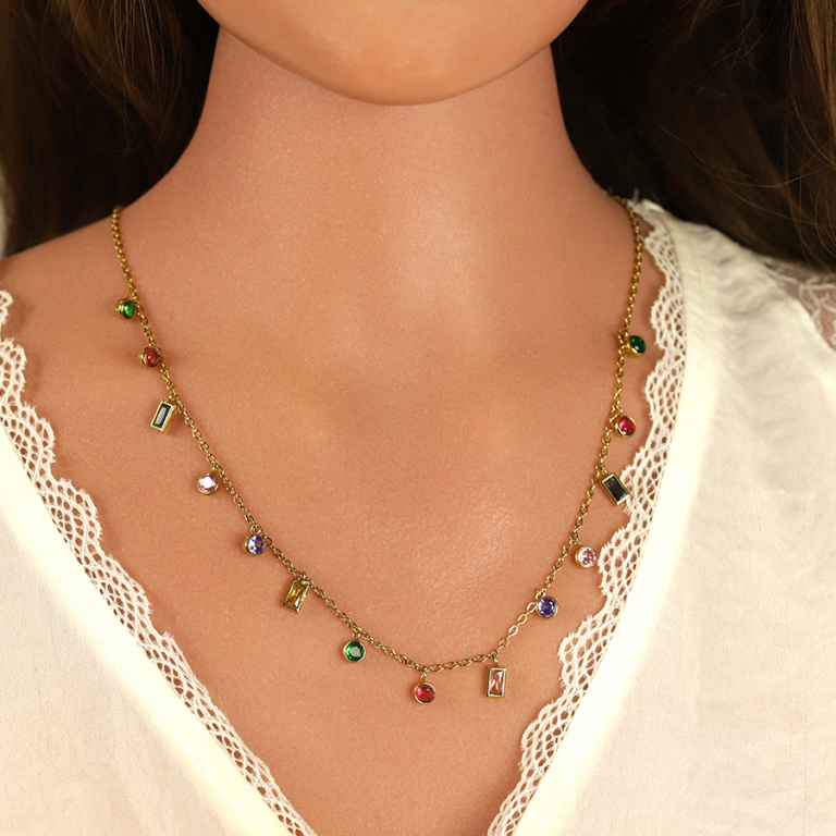 Collier en acier dor� d\'oxydes multi couleurs sertis clos - 40+5cm - Vue 20