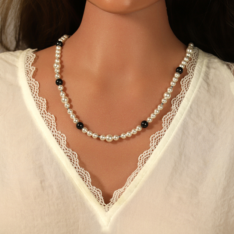 Collier en acier lewis perles imitation blanches et noires - 45+10cm - Vue 20