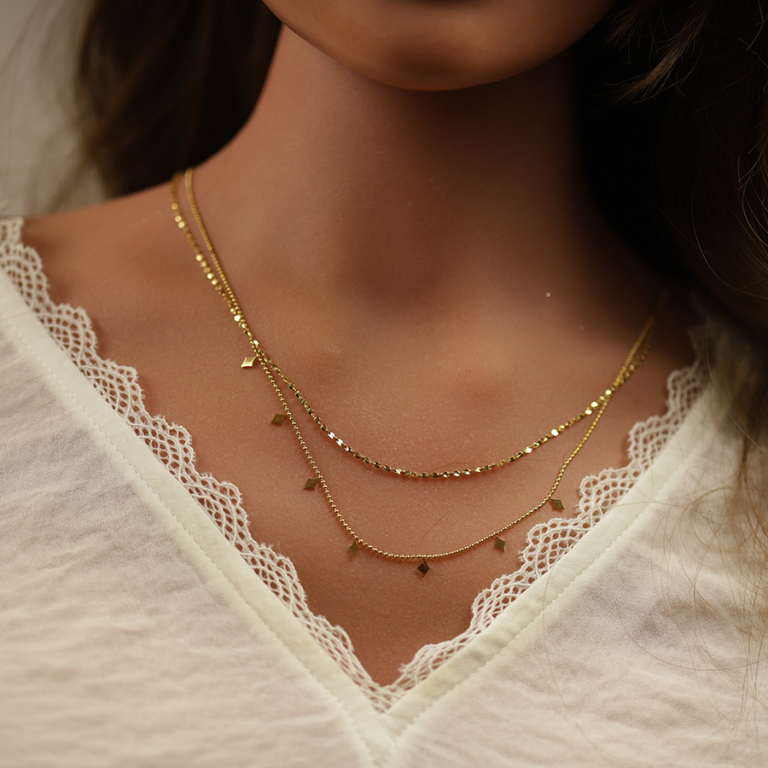 Collier en acier et PVD dor� deux rangs cha�ne boules et diamant�e avec losanges - 40+5cm - Vue 20