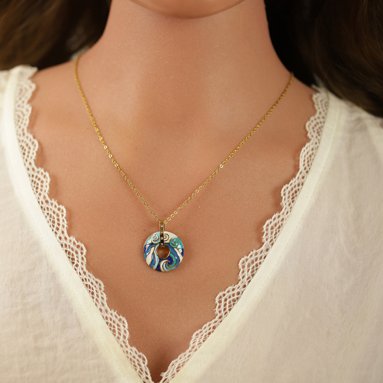 Collier Stella Mia en acier doré pendentif anneau résine bleue - 45+10cm - Vue 20