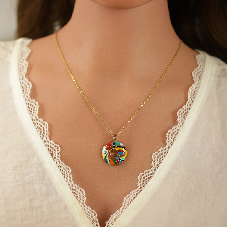 Collier Stella Mia en acier doré pendentif anneau résine multi couleur - 45+10cm - Vue 20