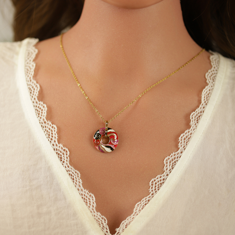 Collier Stella Mia en acier doré pendentif anneau résine rouge - 45+10cm - Vue 20