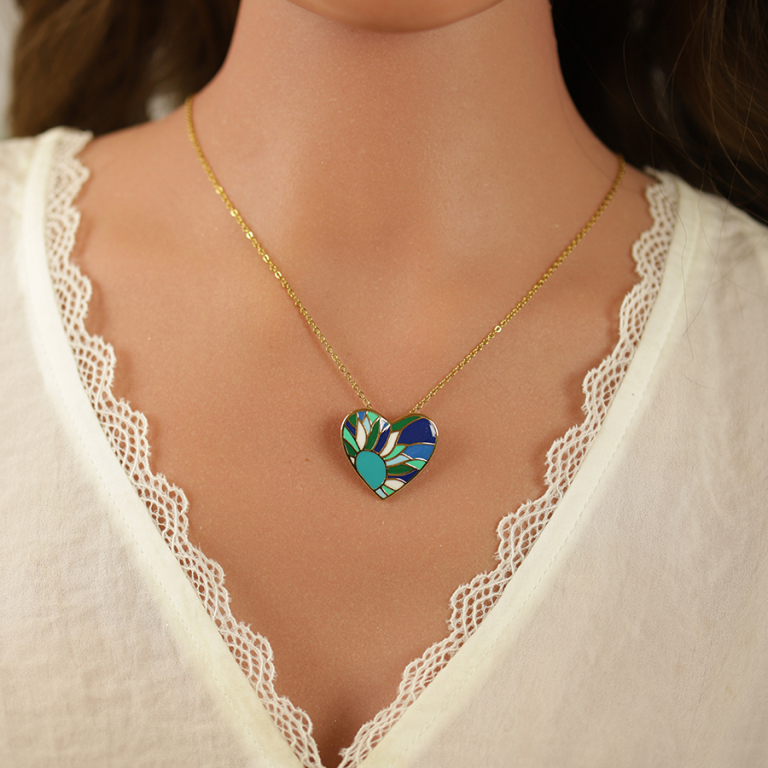 Collier Stella Mia en acier doré pendentif coeur résine bleu-vert - 45+10cm - Vue 20