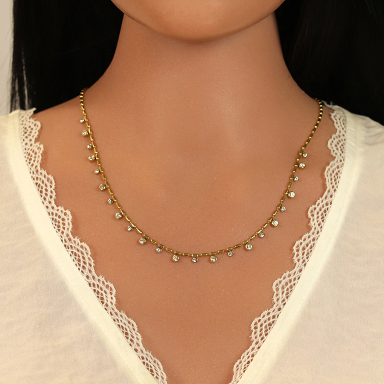 Collier en acier dor� avec oxydes blancs sertis clos - 40+5cm - Vue 20