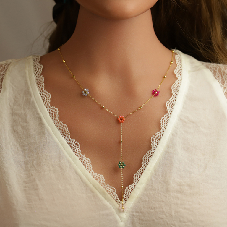 Collier en acier doré forme Y avec chaîne boules et fleurs multi couleurs, 42+6cm - Vue 20