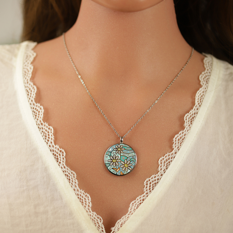 Collier Stella Mia en acier pendentif rond fleur résine et nacre - 45+10cm - Vue 20
