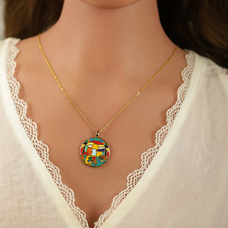 Collier Stella Mia en acier doré jaune avec pendentif rond résine multi couleur - 45+10cm - Vue 20