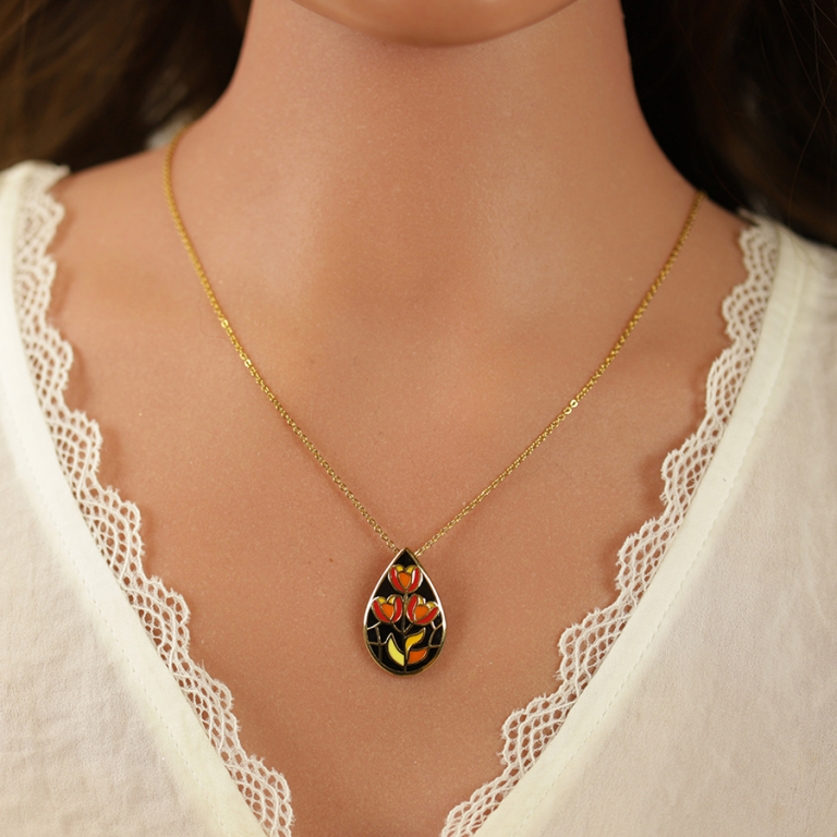 Collier Stella Mia en acier doré jaune forme goutte résine noire et rouge - 45+10cm - Vue 20