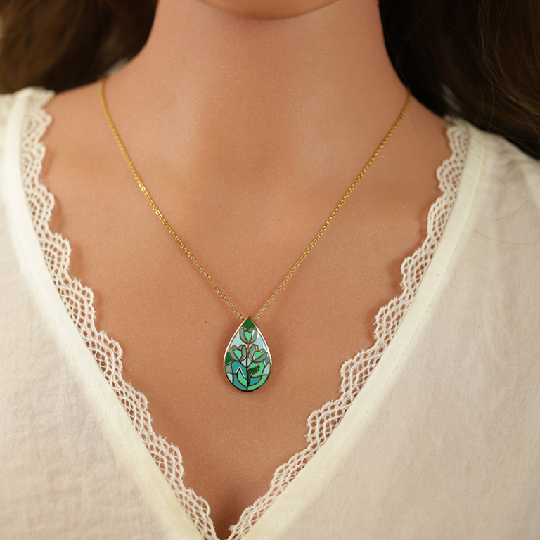 Collier Stella Mia en acier doré jaune forme goutte résine bleu vert - 45+10cm - Vue 20