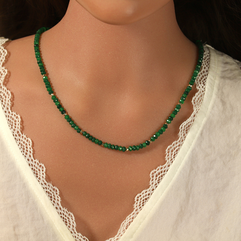 Collier de jade et d\'agate verte vritable et boules en acier dor - 38+5cm - Vue 20