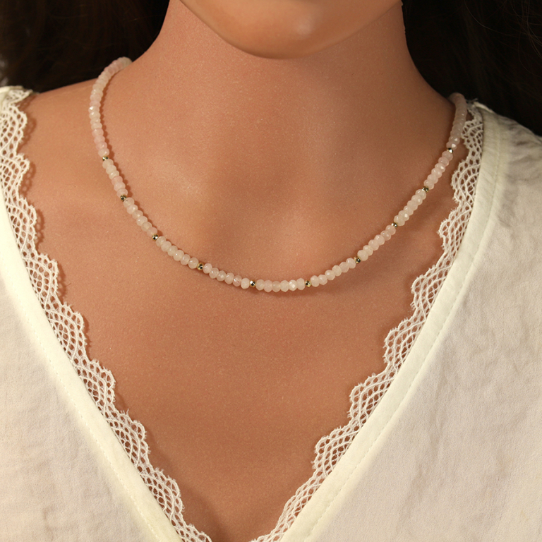 Collier de quartz rose vritable et boules en acier dor - 38+5cm - Vue 20
