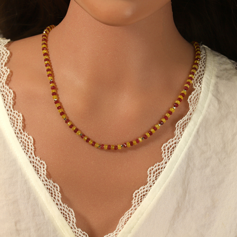 Collier de jade jaune et d\'agate orange véritable et boules en acier doré - 38+5cm - Vue 20
