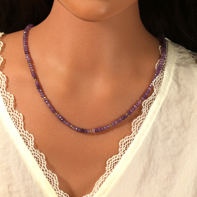Collier avec amethystes véritables et boules en acier doré - 38+5cm - Vue 20