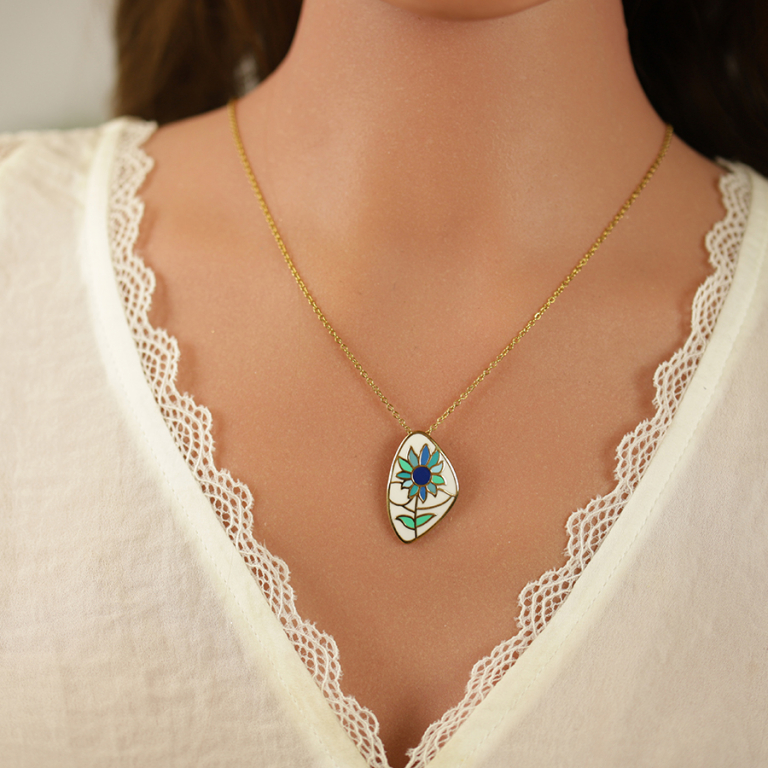 Collier Stella Mia en acier doré jaune résine blanche et bleue - 45+10cm - Vue 20