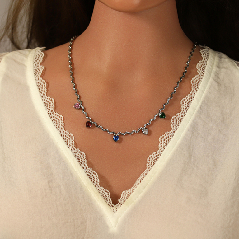 Collier en acier maille corde rigide avec coeurs oxydes multi couleurs - 41+5cm - Vue 20