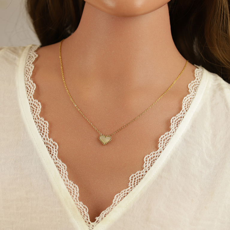 Collier en acier doré motif coeur avec nacre blanche - 40+6cm - Vue 20