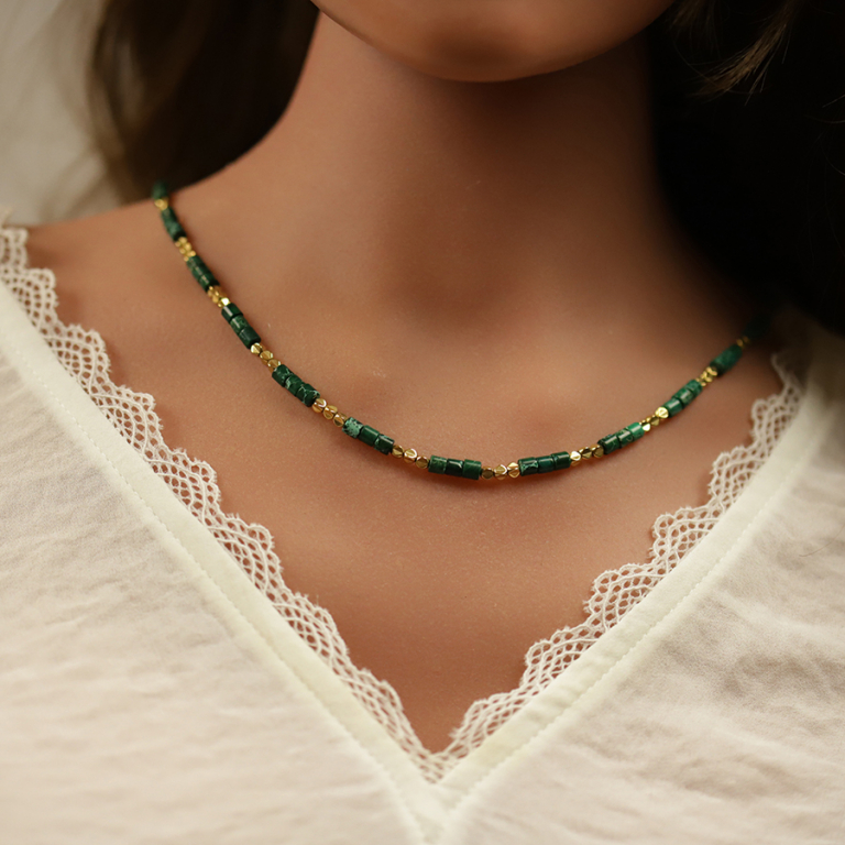 Collier en acier doré rondelles vertes, 40+5cm - Vue 20