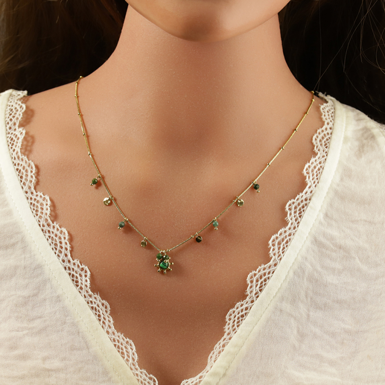 Collier en acier doré pampilles boules de couleur et pendentif soleil malachite véritable - 39+5cm - Vue 20