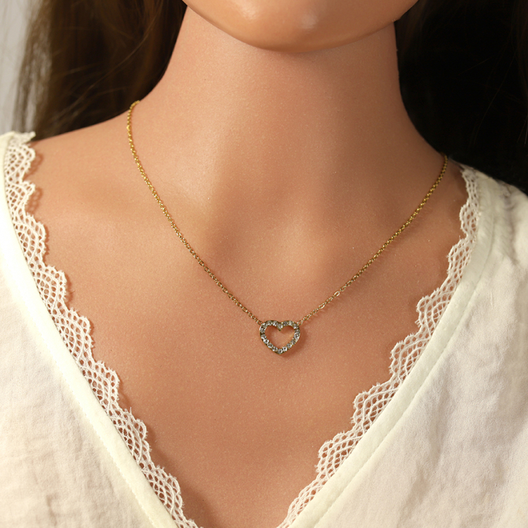 Collier en acier dor avec coeur entour d\'oxydes blancs - 42+5cm - Vue 20